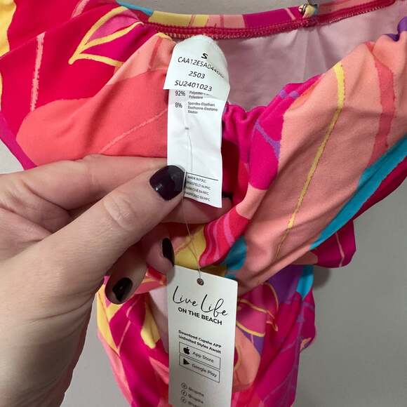 Abstract Floral Sweetheart Neckline One Piece Swimsuit, Sz S - Picture 6 of 7